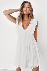 Dreamy Designs White Ruffled Tiered Swiss Dot Mini Dress