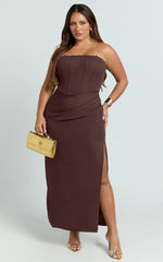 Strapless Draped Side Split Dress in Chocolate