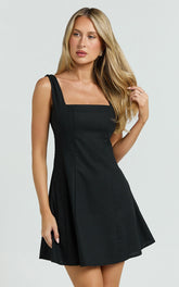Linen Square Neck Shirred Back A Line Dress in Black