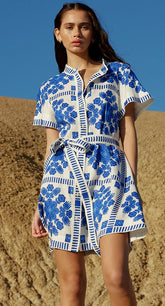 Printed Tie Waist Short Sleeve Mini Dress
