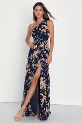 Elegant Admiration Navy Blue Floral One-Shoulder Maxi Dress