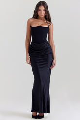 Black satin strapless gown