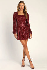 Festive Mood Wine Red Sequin Long Sleeve Mini Dress