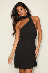 Isloda Black One-Shoulder Backless Sash Mini Dress