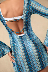 Valestra Blue Striped Crochet Long Sleeve Swim Cover-Up Dress