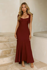 Elegant Twist Front Tie Shoulder Maxi Dress Burgundy