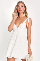 Delightfully Dainty White Linen Tie-Strap Babydoll Mini Dress