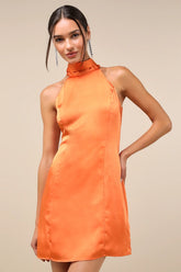 Infinite Admiration Orange Satin Halter Mini Dress