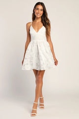 Floral Feelings White Floral Jacquard Babydoll Mini Dress
