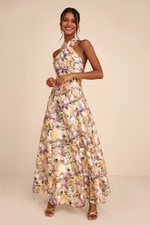 Samana Light Yellow Multi Floral Cross-Front Maxi Dress