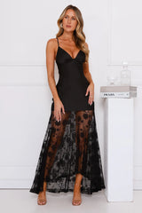 Outgoing Satin Lace Maxi Dress Black