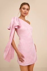 Jayda Light Pink Satin Jacquard One-Shoulder Sash Mini Dress
