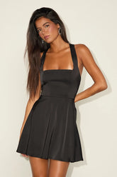 Admirably Chic Black Satin Lace-Up Mini Dress With Pocket