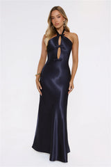 Sleek Halter Neck Cutout Satin Maxi Dress Navy