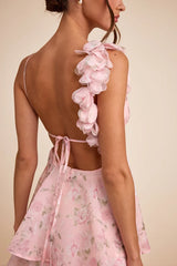 Daleyza Light Pink Floral Organza Tiered Midi Dress