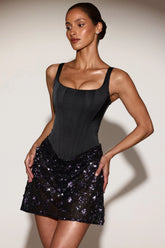 Embellished Draped Skirt Mini Dress in Black Purple