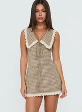 Mayci Collared Lace Trim Romper Brown Check