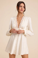 Goldia Ivory Satin Long Sleeve Babydoll Mini Dress