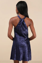 Got the Key Navy Satin Floral Jacquard Halter Mini Dress
