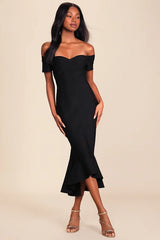 How Much I Care Black Off-the-Shoulder Midi Dress
