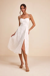 Loveliest Looks White Floral Jacquard Tie-Strap Midi Dress