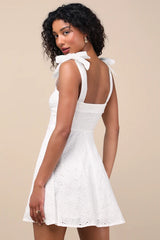 Sneak a Kiss White Floral Embroidered Tie-Strap Mini Dress