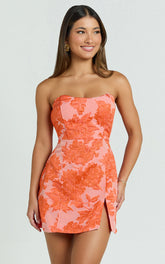 Strapless Dress in Orange Jacquard