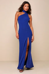 Keep It Interesting Cobalt Asymmetrical Cutout Halter Maxi Dress