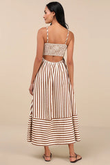 Exceptionally Pristine Brown and Cream Striped Cutout Midi Dress