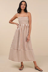 Exceptionally Pristine Brown and Cream Striped Cutout Midi Dress