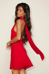 Isloda Red One-Shoulder Backless Sash Mini Dress