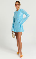 Bertina Mini Dress - Sequin Scoop Neck Low Back Dress in Blue