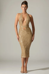 Embellished Cut-Out Open-Back Midaxi Dress in Gold