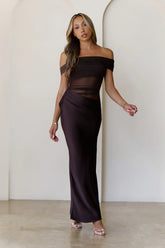 Veiled Whispers Off Shoulder Maxi Dress Brown