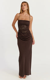 Contrast Lace Bodice Bias Cowl Drop Waist Dress in Chocolate