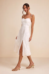 Loveliest Looks White Floral Jacquard Tie-Strap Midi Dress