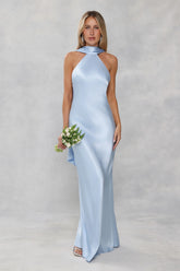 The Vivia Halter Satin Maxi Dress Light Blue