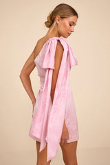 Jayda Light Pink Satin Jacquard One-Shoulder Sash Mini Dress