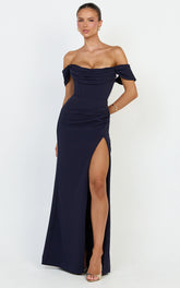 Off Shoulder Corset High Split Dress in Navy