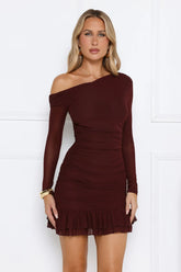 Serve The Look Mesh Long Sleeve Mini Dress Chocolate