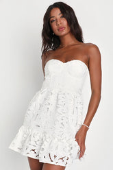 Majorly Cute White Crochet Lace Strapless Bustier Mini Dress