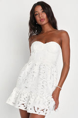 Majorly Cute White Crochet Lace Strapless Bustier Mini Dress