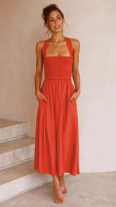 Casual Red Cotton A-Line Midi Dress