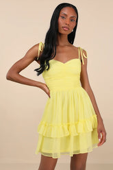 Angelic Approach Yellow Chiffon Ruffled Tie-Strap Mini Dress