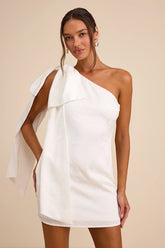 Jayda White Satin Jacquard One-Shoulder Sash Mini Dress