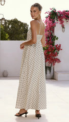 Nicole Spaghetti Strap Maxi Dress - Beige/Black Polka Dot