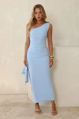 Chic One Shoulder Ruched Drape Maxi Dress Light Blue