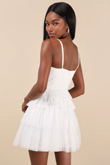 Special Poise White Tulle Pleated Sleeveless Tiered Mini Dress