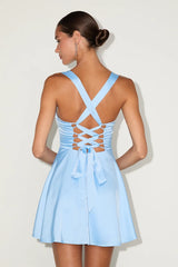 Admirably Chic Light Blue Satin Lace-Up Mini Dress with Pockets