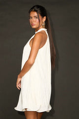 Vaivah Ivory Satin Plisse Mock Neck Swing Mini Dress